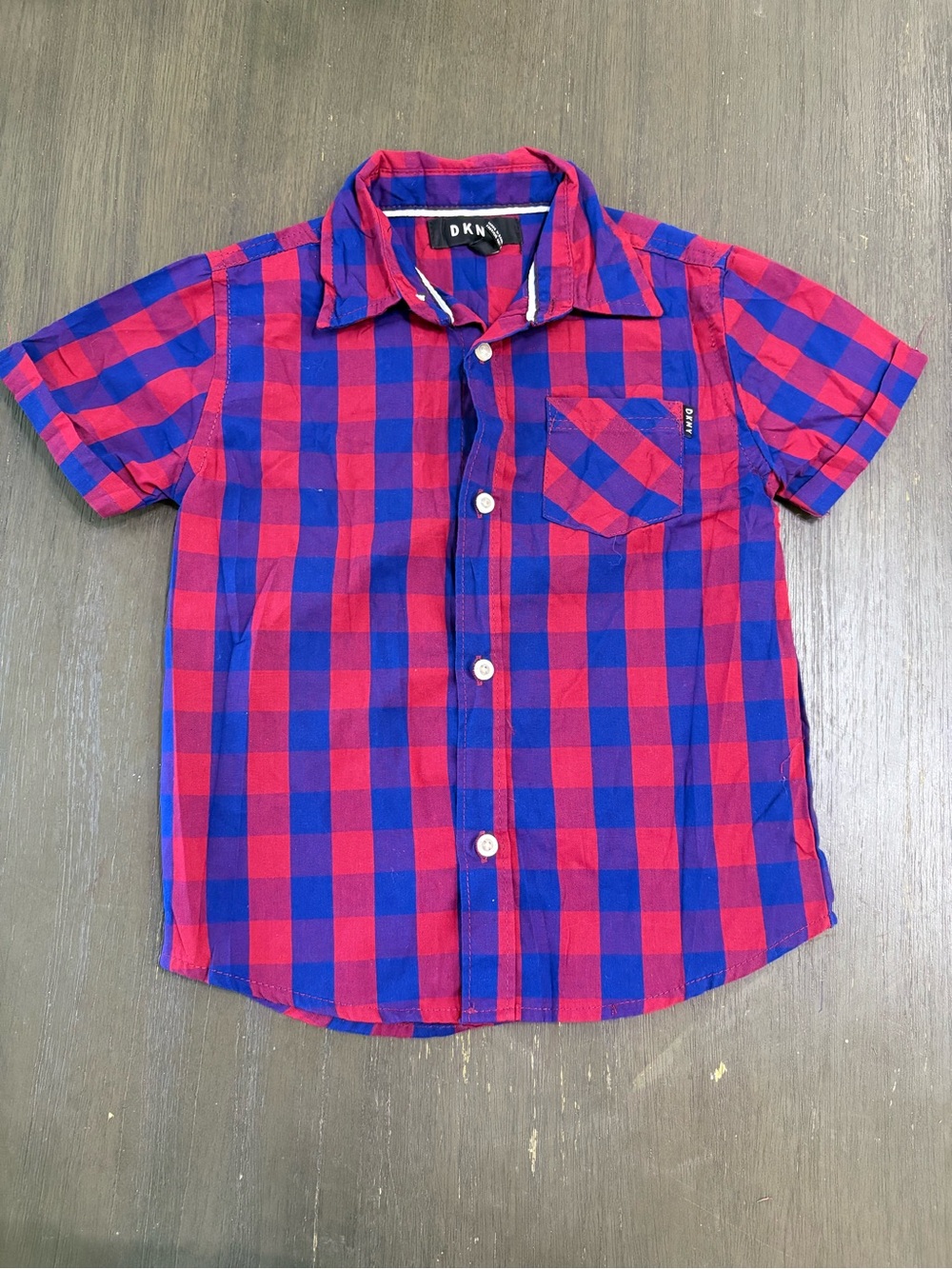 DKNY Red and Blue Plaid Short Sleeve Button-Down Shirt